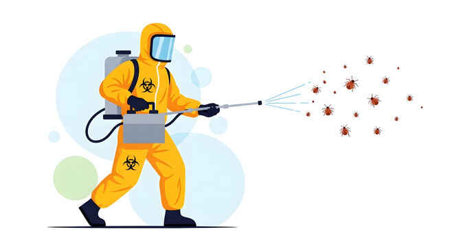 A person in a yellow biohazard suit sprays a cluster of red pathogens with a backpack sprayer for disinfection.
