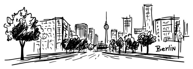 Berlin city street view with TV Tower Hand-drawn urban cityscape sketch with perspective Germany travel vector illustration © Tomas