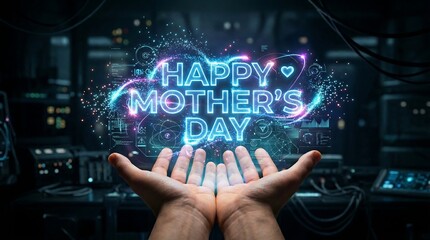 Fototapeta premium Futuristic Happy Mother's Day neon text, glowing holographic greeting held in hands, high-tech digital lab background with blue light effects