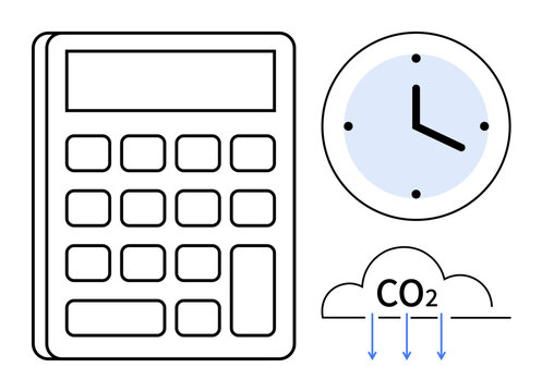 Sustainability, carbon emissions, environmental responsibility, time management, reduction strategies, eco-friendly living. Calculator, clock and CO2 cloud graphic. Sustainability and carbon