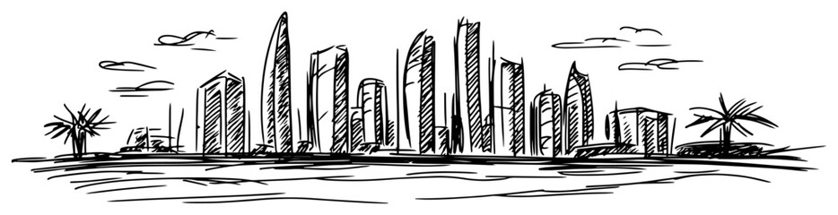 Obraz premium Modern futuristic city skyline on the coast with skyscrapers and palm trees. Hand drawn vector sketch.