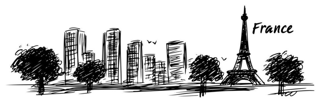 Paris France skyline with Eiffel Tower Hand drawn cityscape sketch vector illustration
