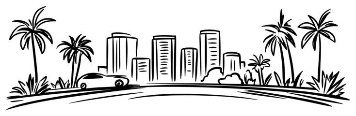 Naklejka premium Tropical city skyline with palm trees and car on the road. Hand drawn summer travel vector sketch