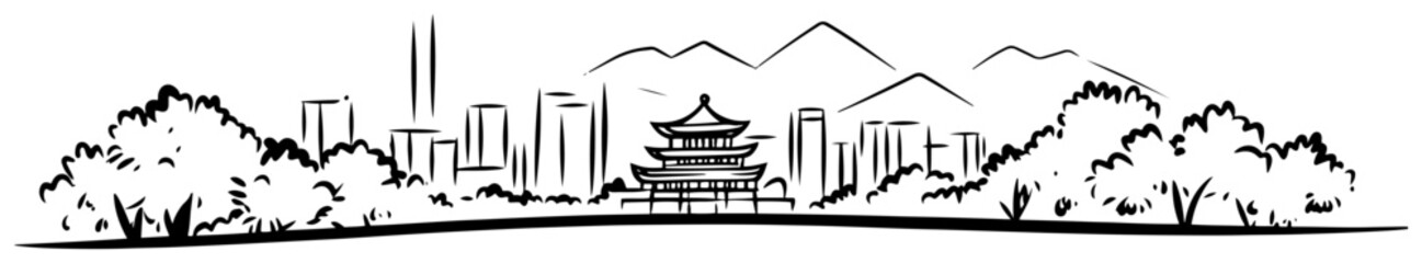 Asian cityscape panorama with traditional pagoda and mountains in the background. Hand drawn vector sketch illustration. © Tomas