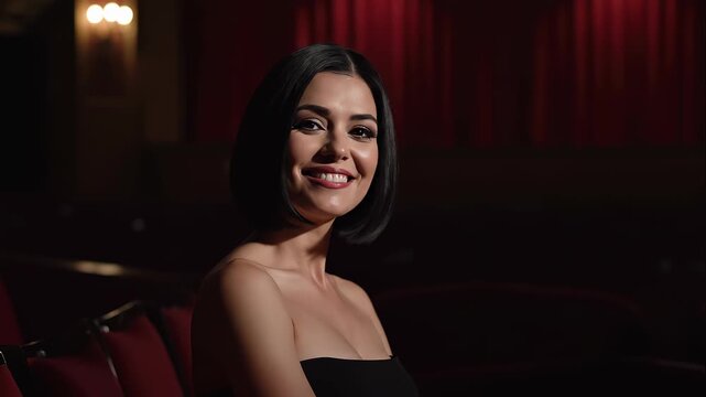 Smiling brunette woman sitting in dark cinema theater with red velvet curtains on background