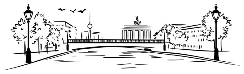 Berlin cityscape with Spree river Brandenburg Gate and TV Tower Hand drawn urban sketch vector illustration © Tomas