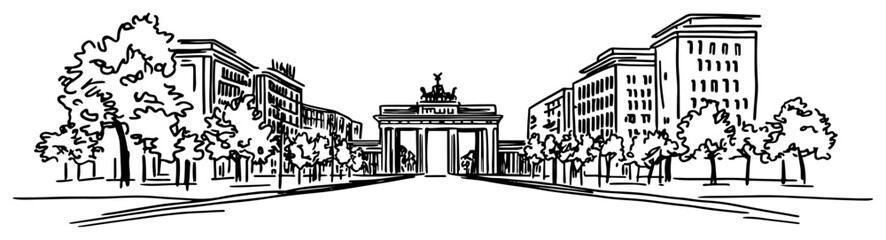 Brandenburg Gate in Berlin Germany cityscape view. Famous landmark hand drawn vector sketch. © Tomas
