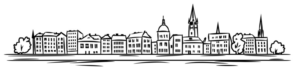 Fototapeta premium European old town skyline panorama on the riverfront. Hand drawn vector cityscape sketch.