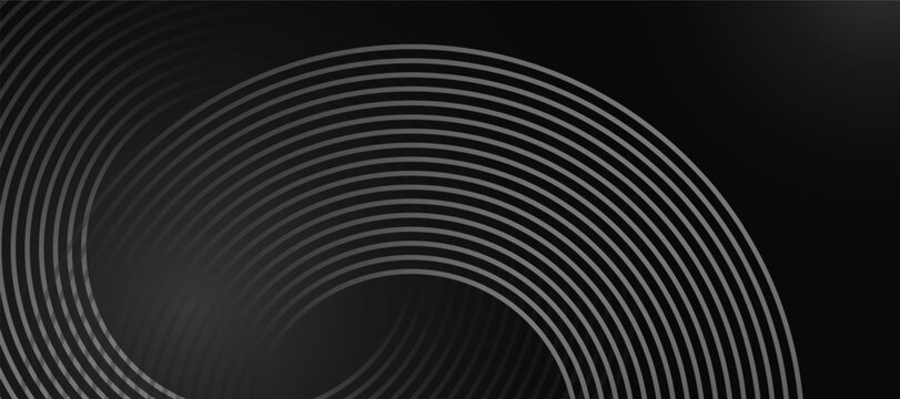 Abstract grey glowing geometric lines on dark black background. Modern grey circle lines pattern. Futuristic technology concept. Suit for cover, poster, banner, brochure, header, website