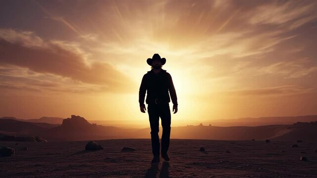 Silhouette of a Cowboy Standing in Sunset Landscape.