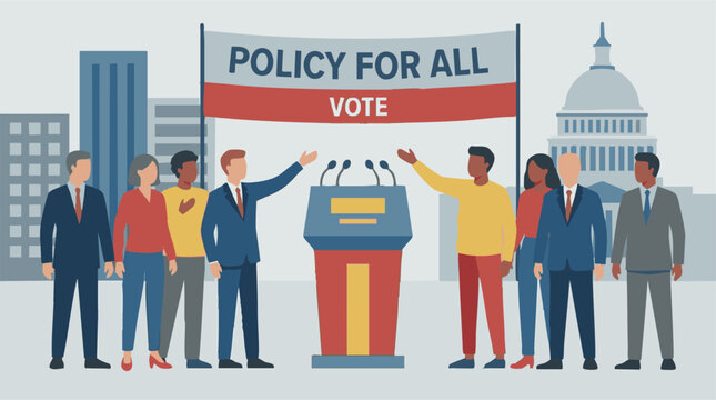 Diverse citizens promote policy and voting at a political event with city backdrop
