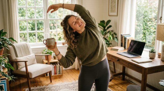 A young woman stretches gracefully near a window in a bright, cozy room. She holds a mug of coffee and wears comfortable clothing.