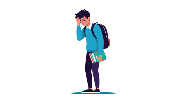 Sad schoolboy crying and feeling lonely while holding books and wearing a backpack after school or failed exam.