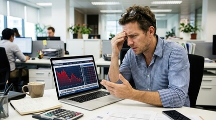 Fototapeta premium A stressed man sits at a desk in an office, clutching his head with his hands. He stares intently at a laptop displaying a red stock market graph.