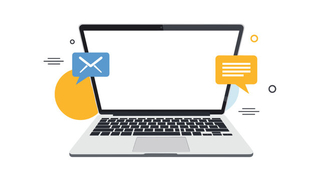 Modern laptop with message and email icons hovering above, symbolizing digital communication, online interaction, and business technology.