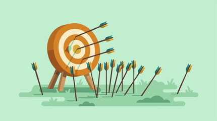 Flat design illustration of an archery target with many arrows, most missing © Stocklab