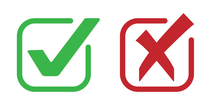 Check mark icon button set. Check box icon with right and wrong buttons and yes or no checkmark icons in green tick box and red cross. Green checkmark and red x sign. Symbols of approval and Decline.