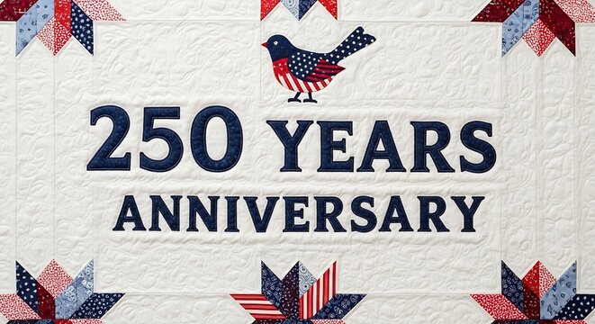 Quilted 250 years anniversary sign with patriotic bird