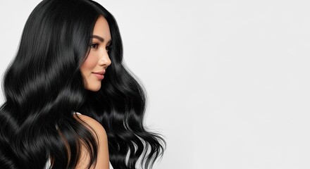 Naklejka premium A woman with long, wavy, black hair against a white background.