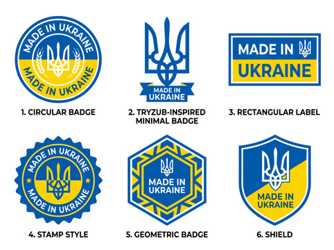 Made in Ukraine emblem set featuring national flag colors, flat vector badges, and quality labels