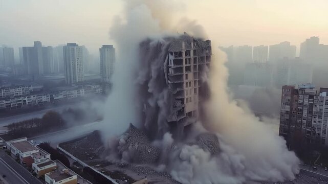 Tall urban building collapsing during a controlled implosion, sending a massive cloud of dust and debris into the air as the structure crumbles down into a pile of rubble