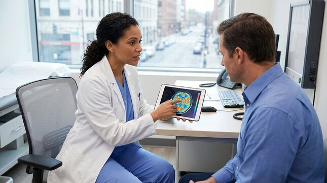 Doctor showing medical scan on tablet to patient in examination room with city view