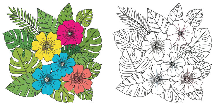 Tropical Floral Bouquet with Colorful Hibiscus Flowers and Monstera Leaves Coloring Page and Color Illustration Set for Kids Activity Vector Design