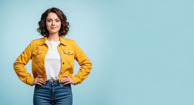 A young woman in a yellow jacket and jeans standing against a blue background.