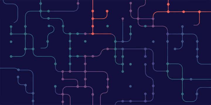 Abstract geometric pattern with lines and dots creating network connections technology or metro map on dark background.