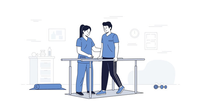 Physical therapist assisting patient with walking on parallel bars for rehabilitation