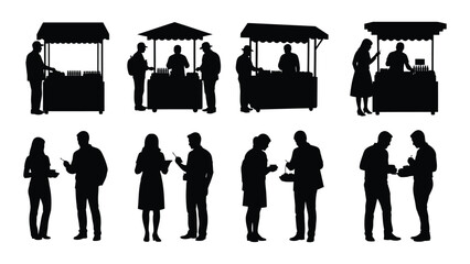 A collection of black silhouette figures depicting people interacting at various food stands and engaging in conversation high quality professional detailed © SILHUETTECHEMBER