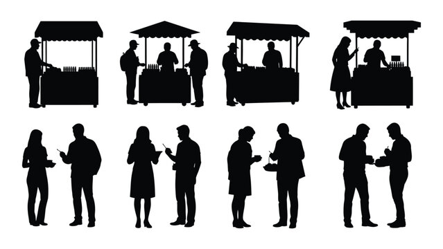 A collection of black silhouette figures depicting people interacting at various food stands and engaging in conversation high quality professional detailed
