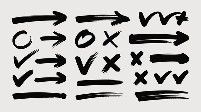 Collection of hand drawn arrow check and cross symbols in black ink style