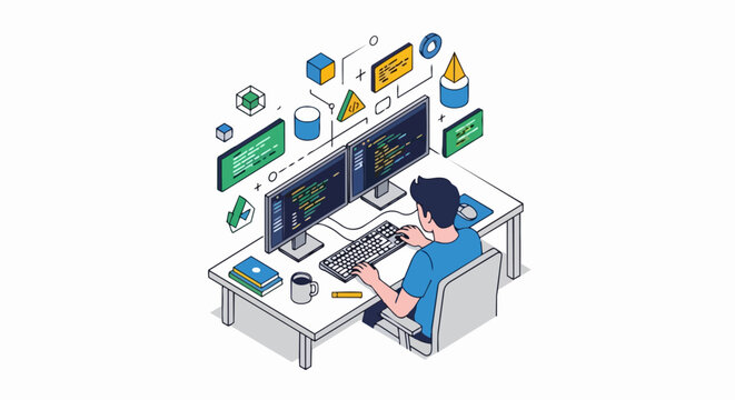 Isometric Software Developer at Dual Monitor Desk Workspace for Coding and App Development