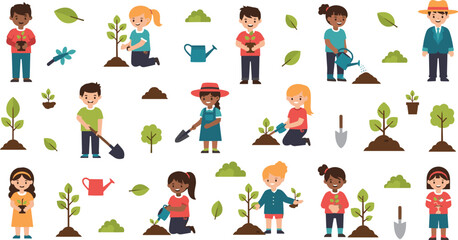 Fototapeta premium Diverse Children Gardening and Planting Trees Vector Set with Environmental Symbols and Outdoor Nature Activities