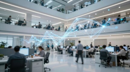Obraz premium Workers use computers in a modern office with divisions and technology at a busy time of day