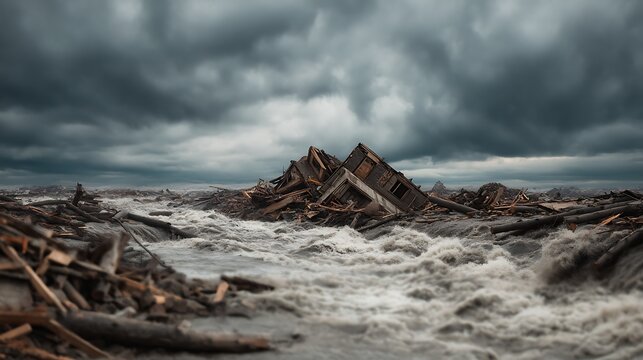 A turbulent, stormy sea engulfs broken wooden debris under a dark, ominous sky, evoking a sense of chaos and destruction.