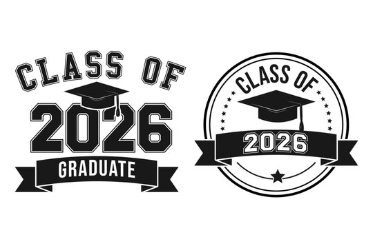 Minimal 2026 class graduation typography badge isolated background.