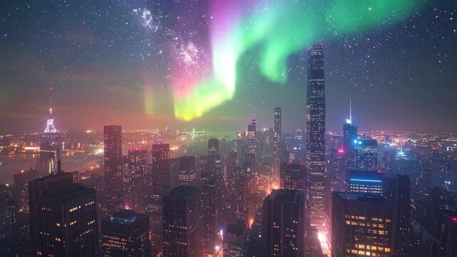 Spectacular Night Cityscape with Vibrant Aurora Borealis Display Over Skyscrapers.