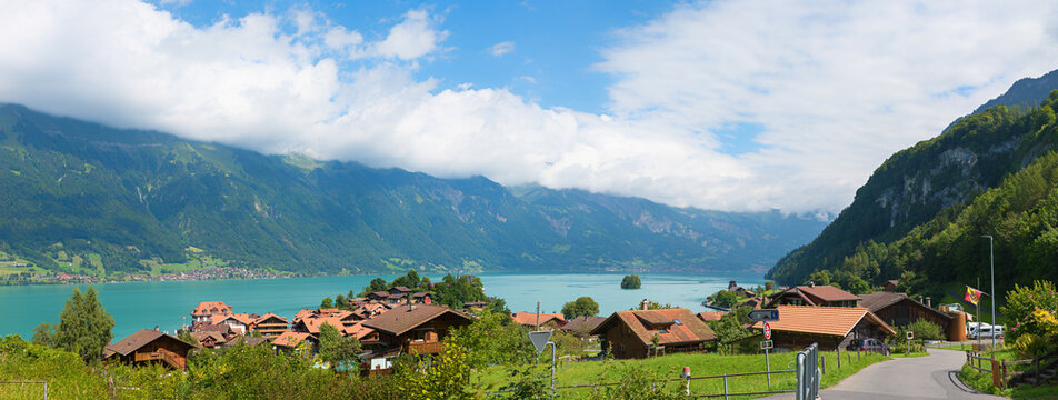 tourist resort Iseltwald, turquoise lake Brienzersee, swiss destination bernese oberland