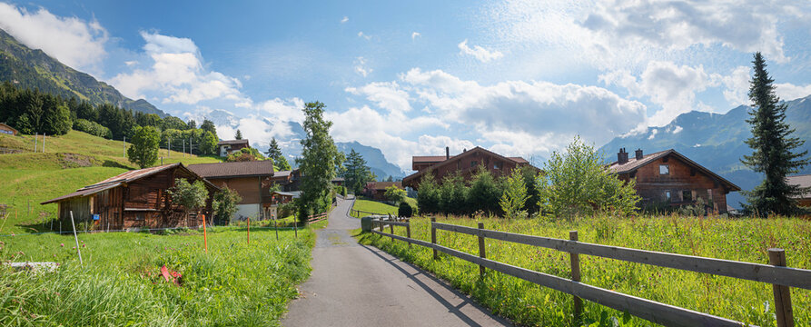 pictorial tourist resort Wengen. view to Bernese Alps. swiss landscape in summer