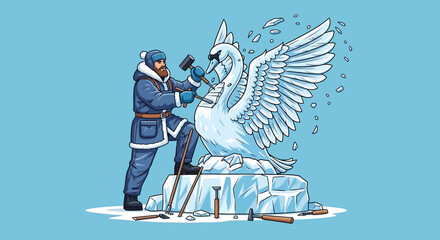 Man carving swan ice sculpture with hammer and chisel in winter © Muhamad