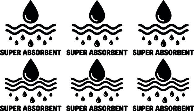 Black and white super absorbent water drop icon with wavy lines vector art