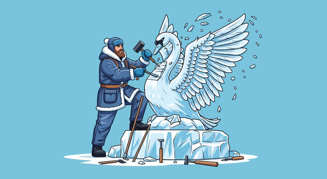 Man carving swan ice sculpture with hammer and chisel in winter