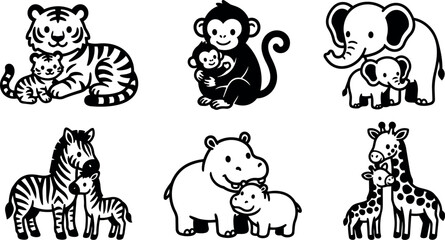 Obraz premium Black and white line art mother animals with babies tiger monkey elephant zebra hippo giraffe