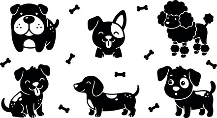 Fototapeta premium Black and white flat design cartoon dogs with bones vector art