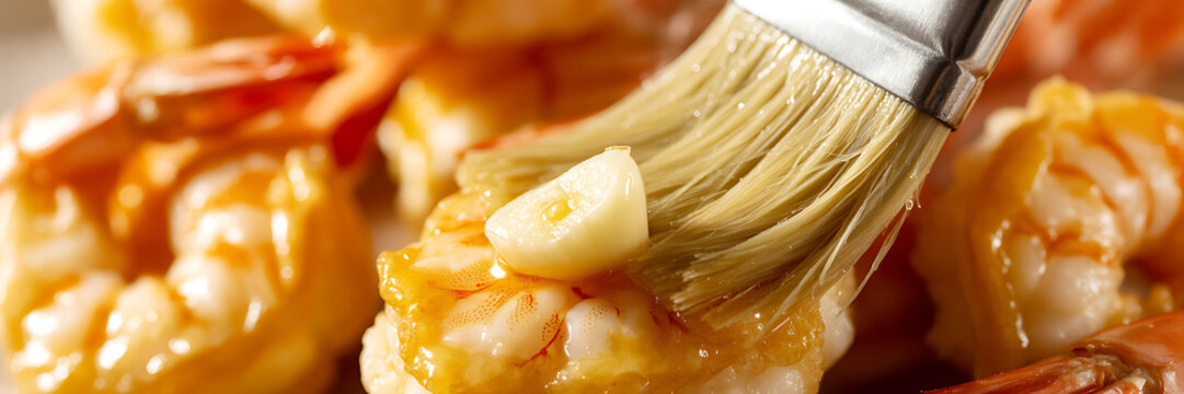 A culinary brush applies a glistening glaze to succulent shrimp with a slice of garlic