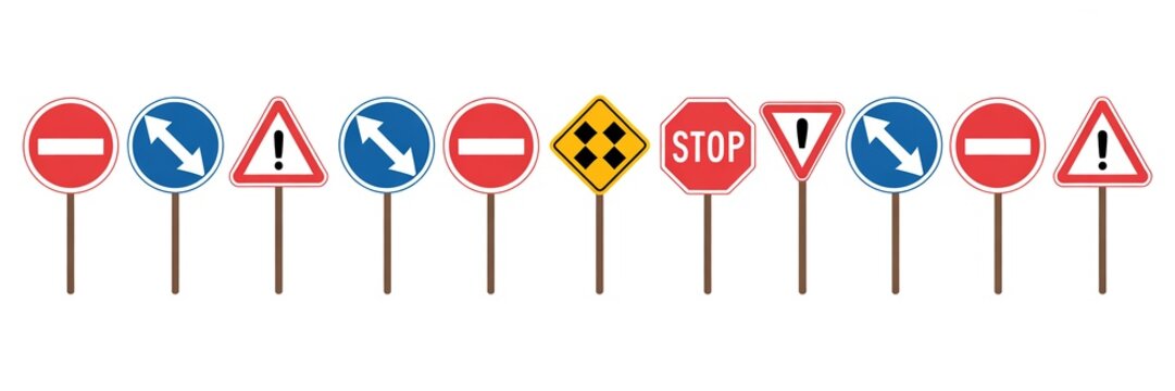 Horizontal line of traffic signs arranged in a row.