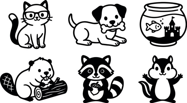 Black and white line art cat with glasses dog with bone and small forest animals