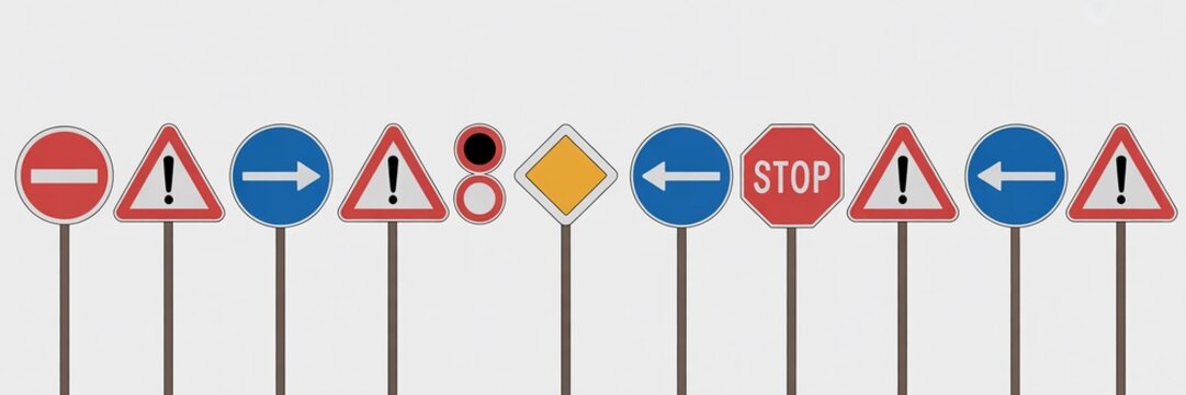 Horizontal line of traffic signs arranged in a row.